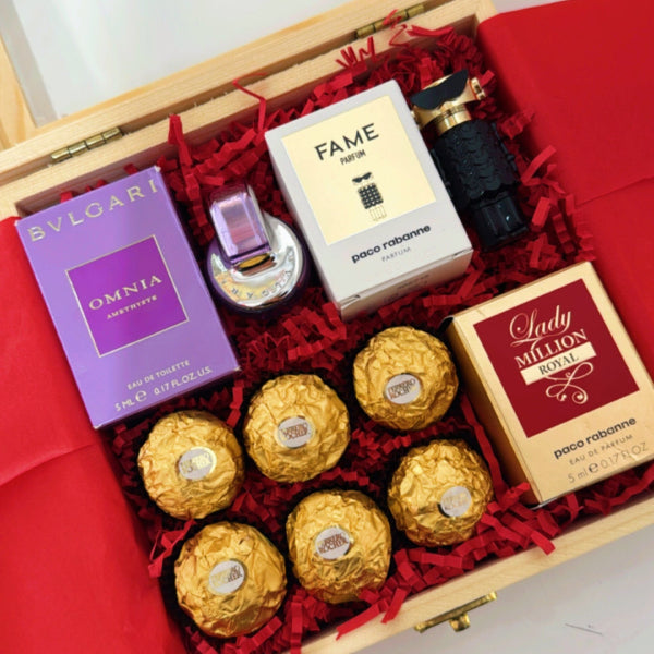 KoketBox Premium 015-02 Omnia Amethyste 5ML, Fame Parfum 5ML, Lady Million Royal 5ML y Ferrero Rocher