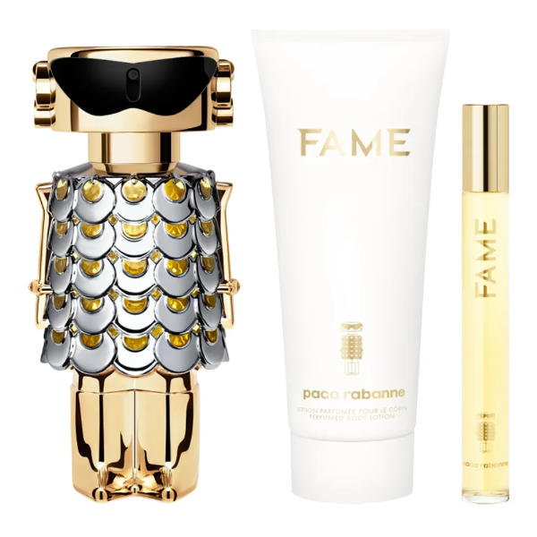 Fame By Paco Rabanne Set 3 Piezas Perfume de 2.7 oz, Crema perfumada de 100ML y Travel Spray de 10ML