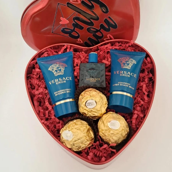 KoketBox Corazón- Un Set de Miniaturas Versace Eros, Chocolates en caja de Corazón Día del Padre