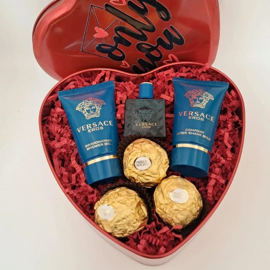 KoketBox Corazón- Un Set de Miniaturas Versace Eros, Chocolates en caja de Corazón Día del Padre