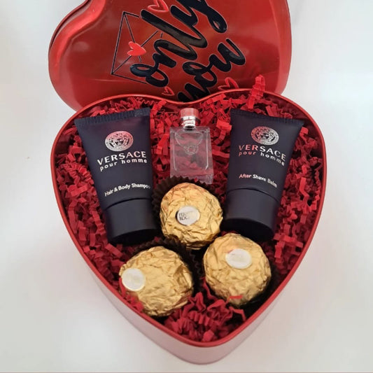 KoketBox Corazón- Un Set de Miniaturas de Versace Pour Homme, Chocolates en caja de Corazón Día del Padre