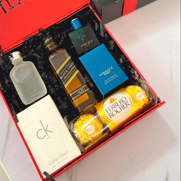 KoketBox Gold 001-01 Versace Eros 5ML, CK One 10ML, Black Label 50cl (botella de Plático) y Ferrero Rocher