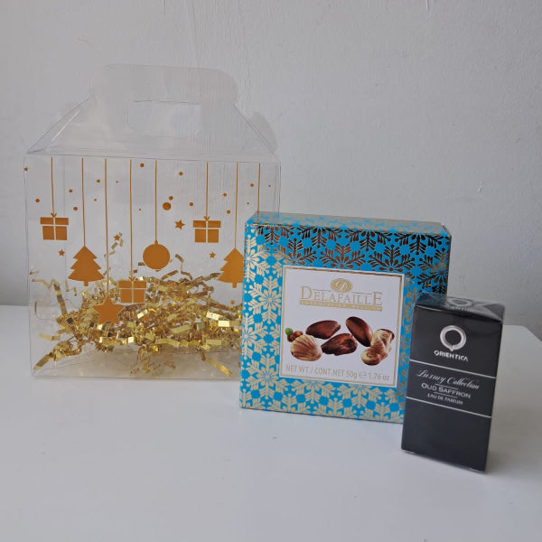 KoketBox 026 -Oud Saffron By Orientica  5ML + chocolates Delafaille 50 Gramos