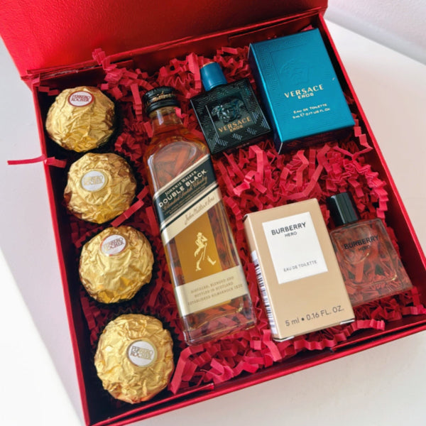 KoketBox Glod 001-08, Versace eros 5ML, Burberry Hero EDT 5MLShot Double Black 50cl y Ferrero Rocher