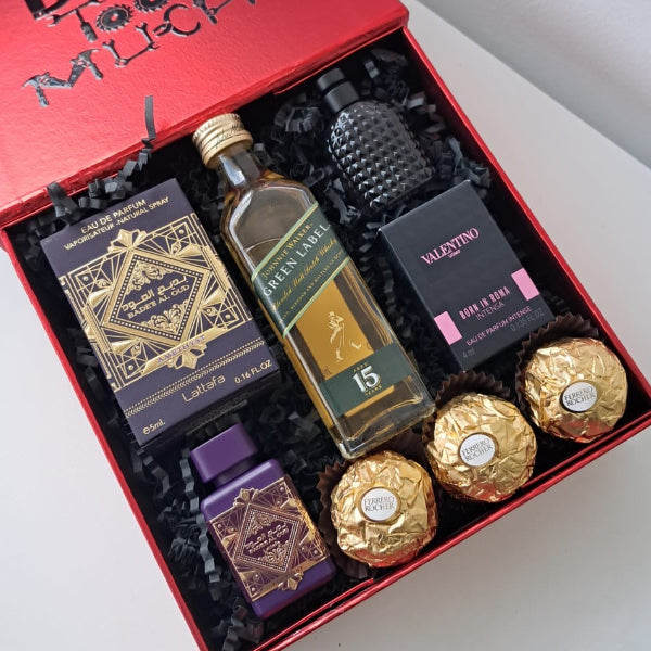 KoketBox Gold 001-09 Valentino Intensa 4ML, Badee Al Oud Amethyst 5ML, Green Label 50cl y Ferrero Rocher
