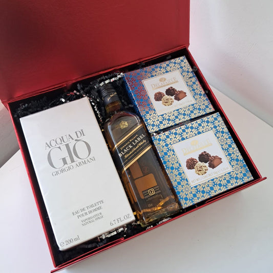 KoketBox 018 -Acqua Di Gio 250ML + 2 chocolates Delafaille 50 Gramos+Black Label 200ML (Cuartillo)