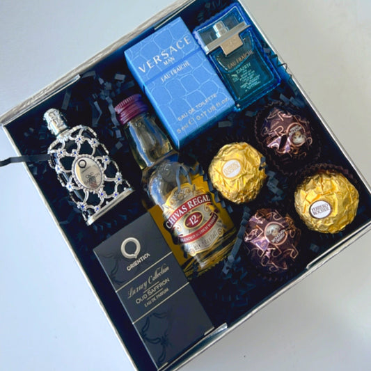 KoketBox Glod  001-04,  Versace Fraîche 5ML Rroyal Blue by Orientica 7.5ML, Shot de Chivas Regal 50ML y Ferrero Rocher