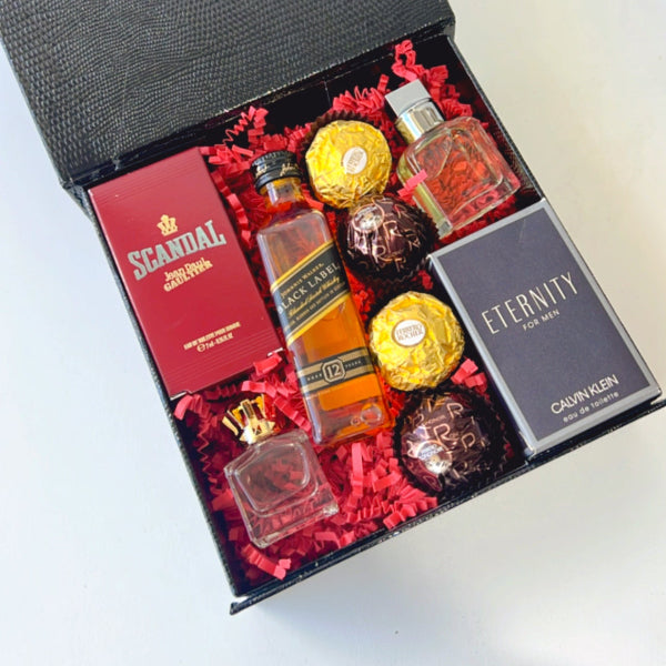 KoketBox Gold 001-01-Scandal Eau e Toilette  7ML y EternityEau de Toilette 10ML, Black Label 50cl (botella de Plático) y Ferrero Rocher