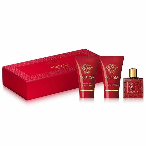 Eros Flame Set  By Versace Eau de toilette Perfume mini 5ml. 0.17 oz bálsamo para después de afeitar 25ml  0.8 oz & 25ml gel. de baño 0.8 oz