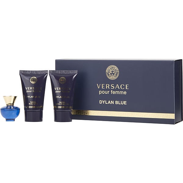 Dylan Blue Pour Femme by Versace Set de Mujer  Perfume 5ml 0.17Oz, Gel de Baño 25ml 0.80 Oz Crema Perfumada 25ml 0.80 Oz