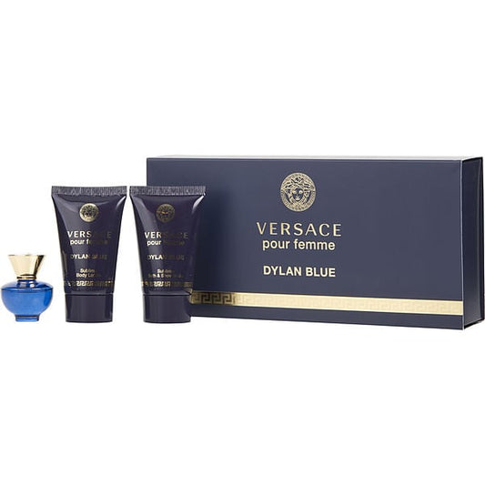 Dylan Blue Pour Femme by Versace Set de Mujer  Perfume 5ml 0.17Oz, Gel de Baño 25ml 0.80 Oz Crema Perfumada 25ml 0.80 Oz