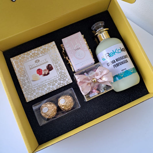 KoketBox - Una miniatura de Yara By Lattafa + Crema Perfumada+ Mini Box Hershey's Kisses  y Chocolates